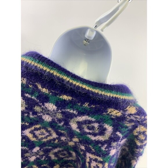 Benetton Sweater Collared Purple Green Pattern Pullover Button Wool Women Medium - Picture 10 of 15